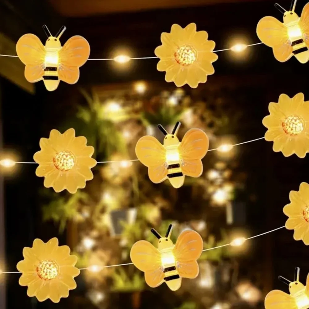 6.5 Ft 20 LED Spring Fairy String Lighting Lights Yellow Bees Daisy Flowers New